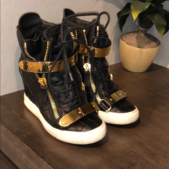black and gold wedge sneakers